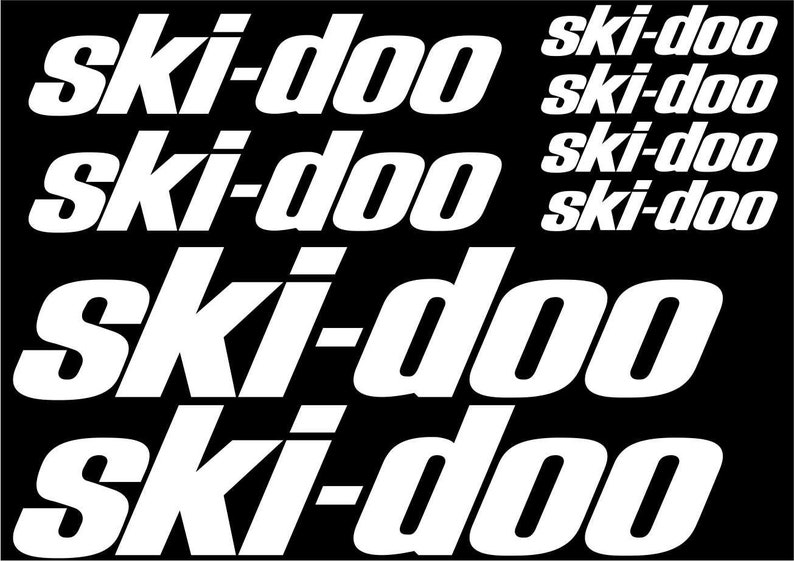 May include: A black and white image with the text "ski-doo" repeated multiple times in a bold, white font.