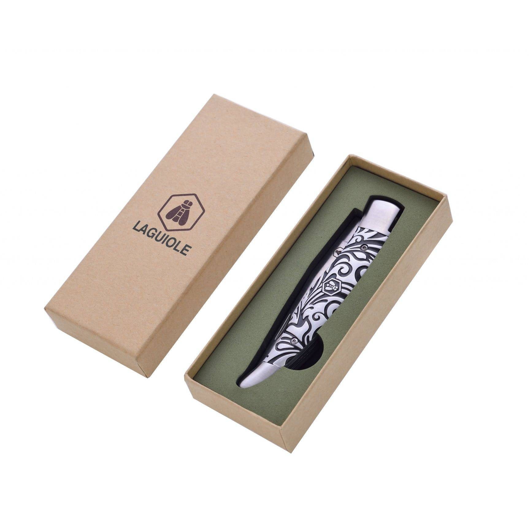 Couteau Pliant Feuilles Gravées Gris Mat Laguiole