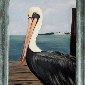 Pelican #1 - Original Coastal Seabird Oil Painting Art Print Unframed