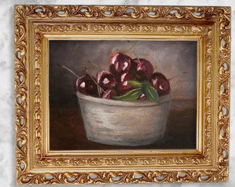 Bowl of Cherries Rustic Art Print, Farmhouse Fruit Painting, Original Oil Painting, Unframed Wall Art, Cherry Cottagecore Art, Boho Rustic