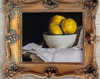 Lemon Still Life Oil Painting Print – Moody Cottage Kitchen Wall Art, Signed Giclée