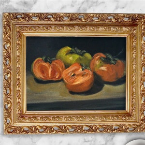 Persimmon Farmhouse Wall Decor, Cottagecore Fruit Painting, Persimmon Art Print, Unframed Wall Art, Original Oil Painting, Minimalist Art