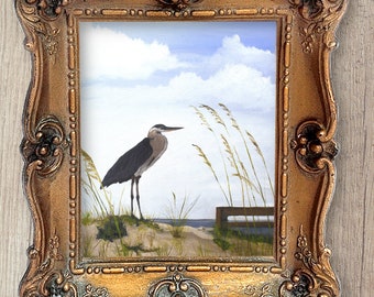 Heron Oil Painting Art Print: Coastal Bird  , Beach Wall Art (8x10) Signed by Artist