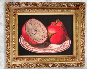Dragon Fruit Still Life Oil Painting Print – Moody Kitchen Wall Art, Signed Giclée