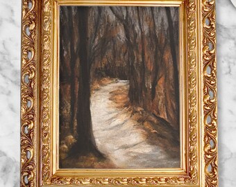 May include: A framed painting of a path winding through a dark forest. The path is lit by sunlight filtering through the trees, creating a sense of mystery and intrigue.