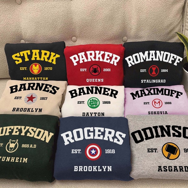 Avengers All Team Sweatshirt, Marvel Superhero hoodie, Romanoff 1984, Parker 2001 shirt, Barnes 1917, Rogers 1918, Marvel Family Sweatshirt