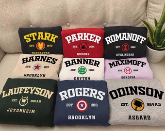 Avengers All Team Sweatshirt, Marvel Superhero hoodie, Romanoff 1984, Parker 2001 shirt, Barnes 1917, Rogers 1918, Marvel Family Sweatshirt