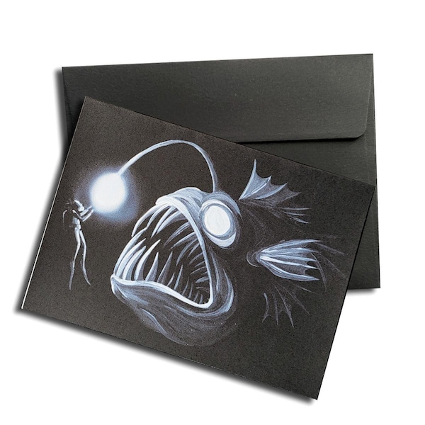 Blank Greeting Card - Spooky Card - Mini Art Print - Anglerfish - Deep Sea Horror - Scuba Diving