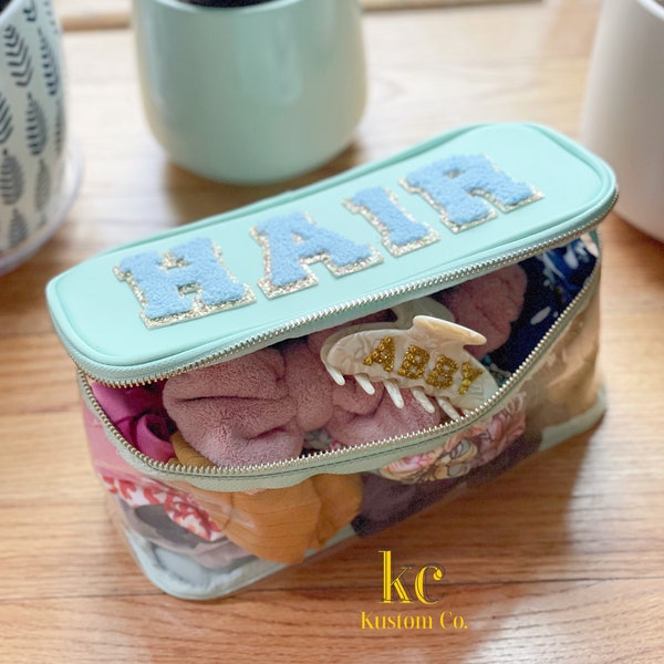 Clear Open Top Cosmetic Bag with Mirror and Varsity Letters