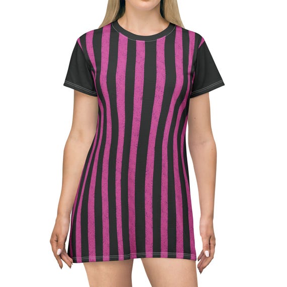 Stylish Black and Pink Striped T-Shirt Dress