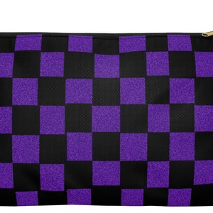 Purple and black checkered travel cosmetic accessory pouch