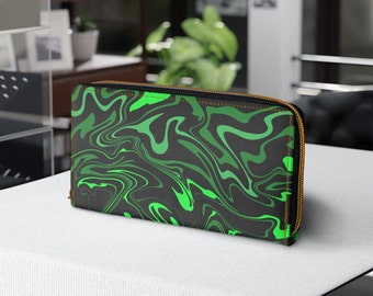 Green and black marble design large zipper wallet