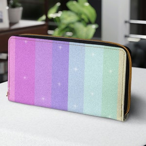 Sparkling pastel rainbow faux leather zipper womens wallet