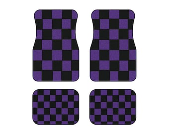 May include: Set of four car floor mats with a checkered pattern in black and purple.