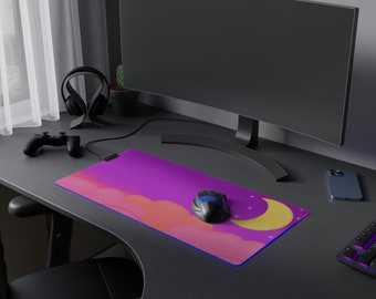 Tapete de mesa LED kawaii com céu noturno, ideal para jogos e mouse pad.