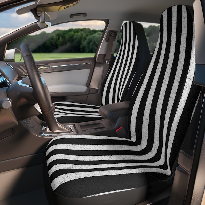 This black and white striped car seat cover is perfect protecting your car seats. These front car seat covers would make a great gift for someone special.