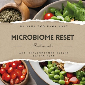 May include: A brown paper background with the text "Microbiome Reset Protocol Anti-Inflammatory Healthy Eating Plan" by Akua Two Hawk Maat. The image shows a bowl of salad with edamame, tomatoes, and greens.