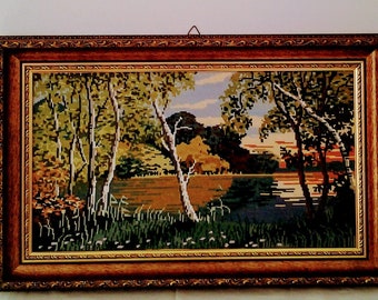 Wiehler Gobelin Birkenhein 21&quot;x12&quot;, finished needle point, vintage handmade tapestry, cross stitch picture, needle art, home décor
