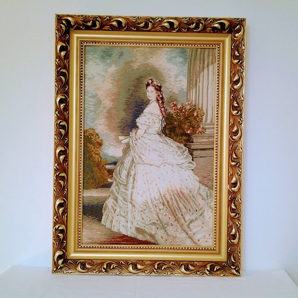 Tapisserie Wiehler originale Sissi Impératrice Elisabeth d'Autriche dans une robe en dentelle 41 x 66 cm/16" x 26", dentelle à l'aiguille, image de broderie vintage Sissi