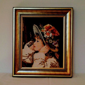 Tapisserie La fille au chapeau de fleur 24 x 30 cm / 9.4"x11.8 » vintage, pointe d’aiguille, art de l’aiguille, décoration intérieure, idéal pour les chambres d’enfants