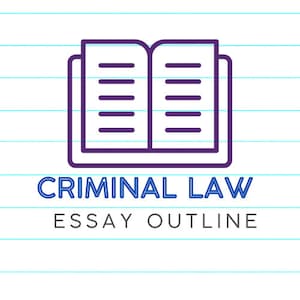May include: A purple outline of an open book with the text "CRIMINAL LAW ESSAY OUTLINE" below it. The image is on a white background with blue lines.