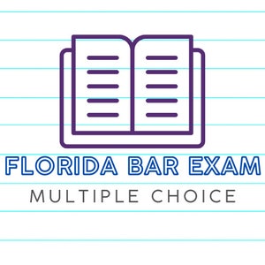 May include: An open book icon with purple outlines, featuring horizontal lines representing text. Below, the text "FLORIDA BAR EXAM" is in blue, and "MULTIPLE CHOICE" is in gray, all on a lined paper background.