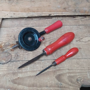 Vintage Set of Red Wooden Handled Tools, Hand Drill, Angle File and Screwdriver