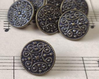 Vintage bronze flower pattern buttons, set of 6 embossed metal buttons