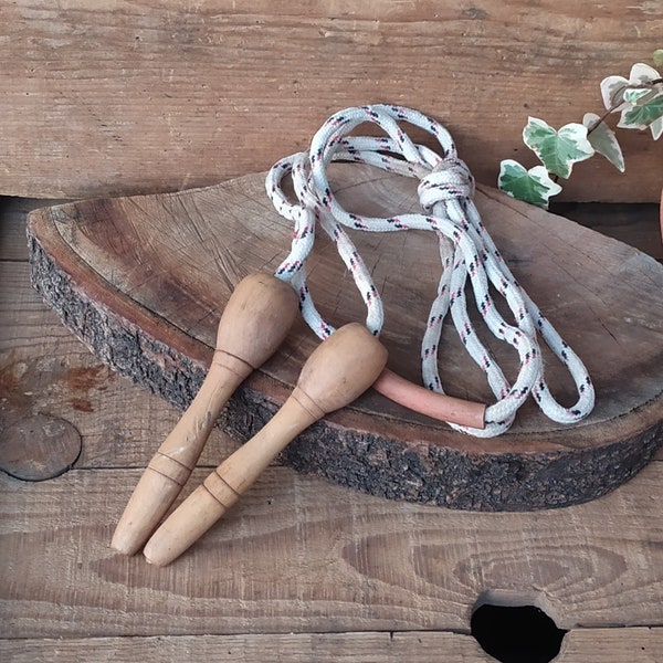 Vintage Toy Jump Rope, Skipping Rope with Wooden Handles, Exercise Toy from the 60s