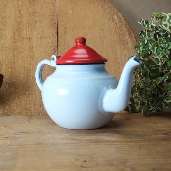 Vintage Kindertheepot uit de jaren 50, Kleine Wit Rood Geëmailleerde Theepot