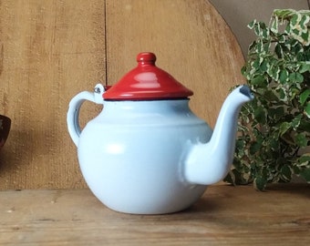 Vintage Children's Teapot from the 50s, Small White Red Enameled Teapot