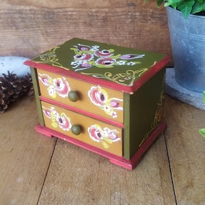 Vintage chest of drawers jewelry box, folk art hand painted doll drawer