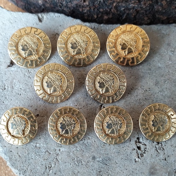 Vintage Greek key border buttons, set of 9 gold tone metal buttons