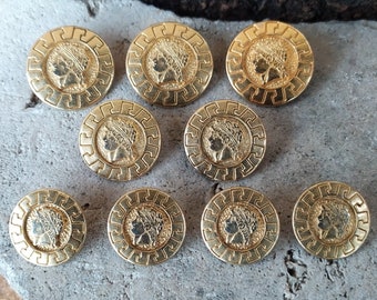 Vintage Greek key border buttons, set of 9 gold tone metal buttons