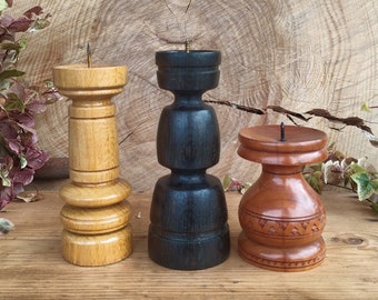 Vintage set of 3 turned wood candlesticks