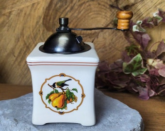 Vintage Italian decorative porcelain hand grinder, Rustic kitchen decor