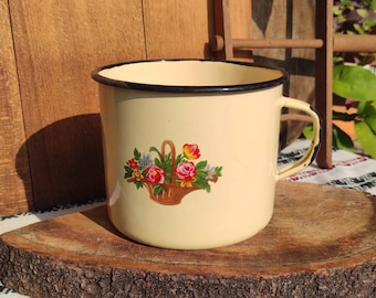 Vintage beige enamel kitchen pot with flowers