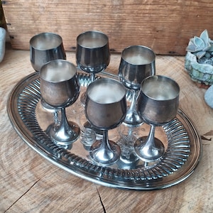 Vintage Stokes Portugal silverplate set of 6 liqueur goblets with tray
