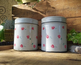 Set of two vintage tin containers, Shabby Chic roses decorative kitchen tins