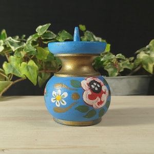Vintage hand painted wooden candle holder, small blue turned wood candle holder