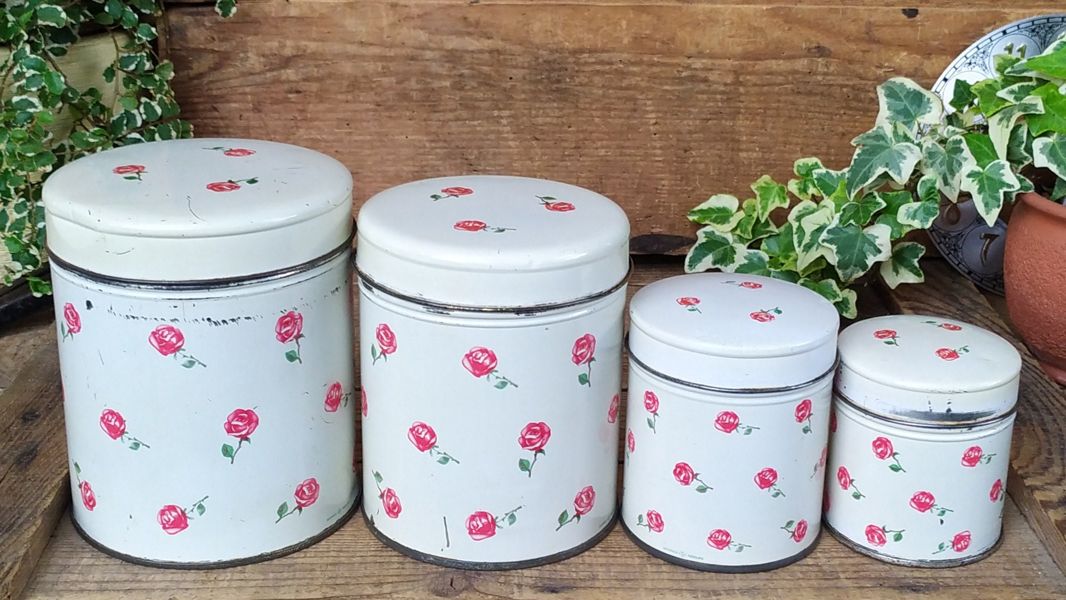 Vintage Tin Kitchen Canister Set With Roses Kitchen - Etsy