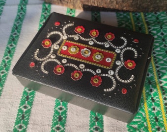 Vintage leather embroidered jewelry trinket box from 1970s