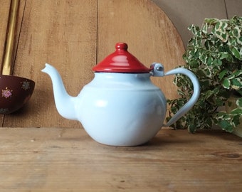 Vintage small Teapot, rustic white and red tea pot from the 50s