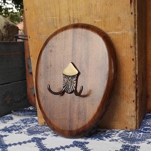 Vintage massive solid wood 2 brass hook wall hanger