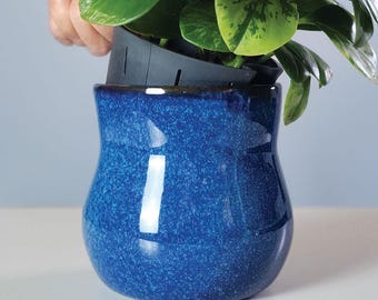 Ceramic Plant Pot with Rubber Liner | Handmade Glazed Planter | Speckled Blue | Plant Mom Gift | Indoor Houseplant | African Violet Planter