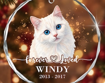 Personalized Cat Christmas Memorial Photo Ornament, Forever Loved Circle Glass Keepsake