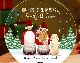 First Christmas Family of Four Ornament 2026, Personalized Family With Dog, Custom Names Keepsake