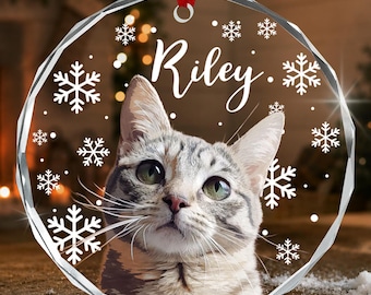 Personalized Cat Photo Christmas Ornament, Custom Cat Name Snowflake Glass Keepsake