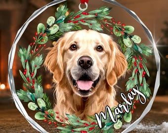 Custom Dog Photo Ornament, Dog Watercolor Portrait with Wreath Christmas Ornament