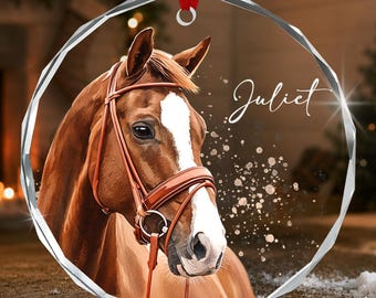 Personalized Horse Ornament Watercolor Portrait, Custom Gift for Horse Lover Glass Ornament